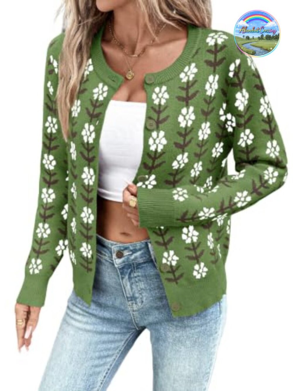 Women's Open Front Button Down Knit Cardigan Long Sleeve Crewneck Sweater